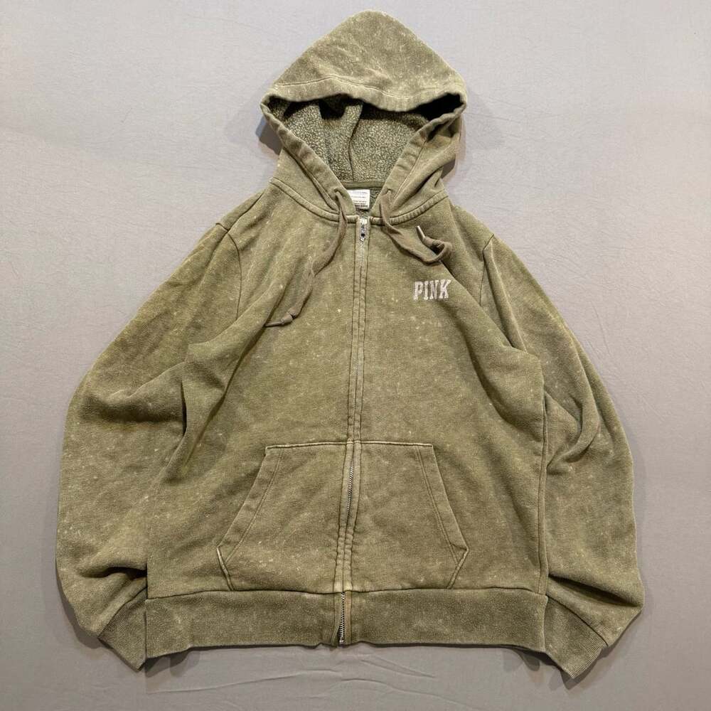 Victoria's Secret PINK Vintage Style Zip Hoodie Olive Green Mineral Wash Size S